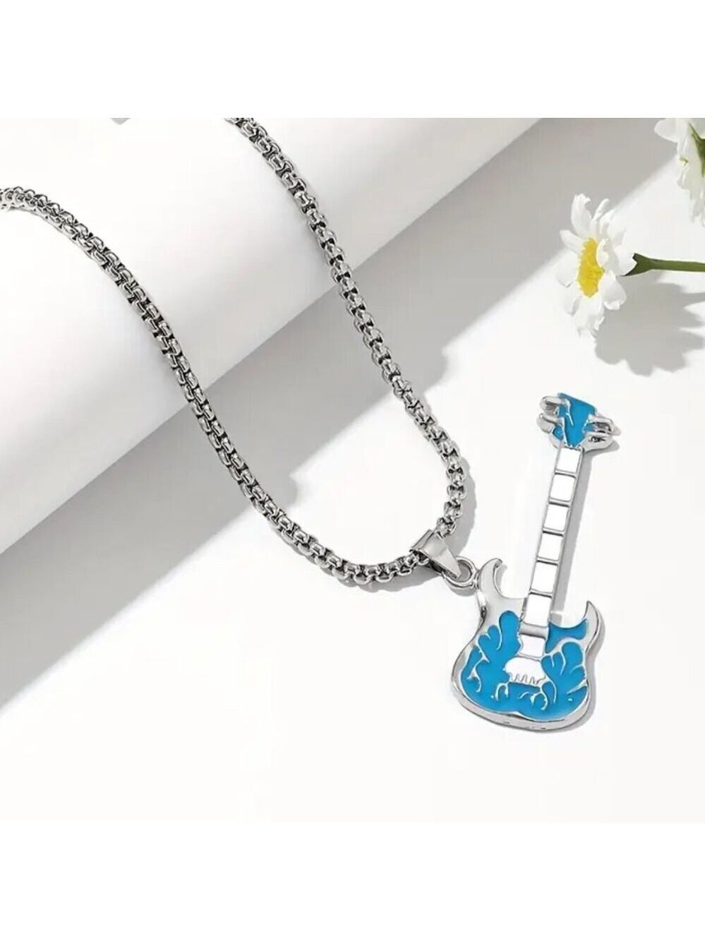 Light Blue Flaming Guitar with White Neck Rocker Necklace and Pendant 1559